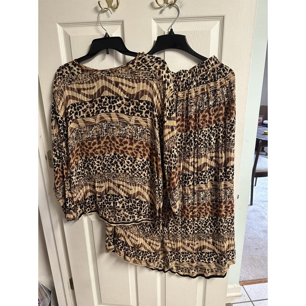 Whispers VTG 90s Brown Jungle Leopard BOHO Print Top & Skirt Set Sz Med Cheetah
